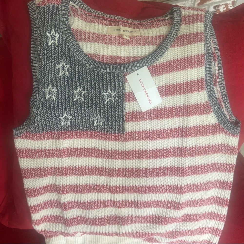 Lucky Brand “American flag” Red and White Striped plus blue with stars Knit vest
